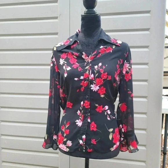 C.B Collections Women's Blouse 3/4 Sleeve Floral Black Red Semi Sheer Medium M - Picture 1 of 8